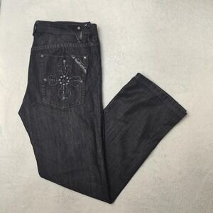 96 North Jeans‎ Mens 38x32 Black Slim Straight Dark Wash Cross Embroidered Denim